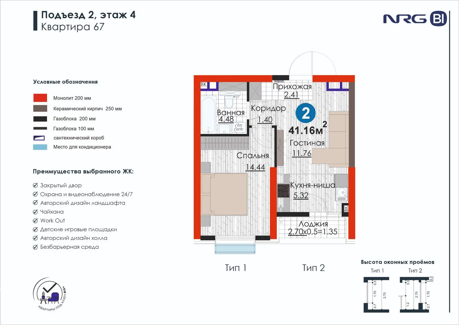 2-комнатная квартира, 41.2 м² — планировка
