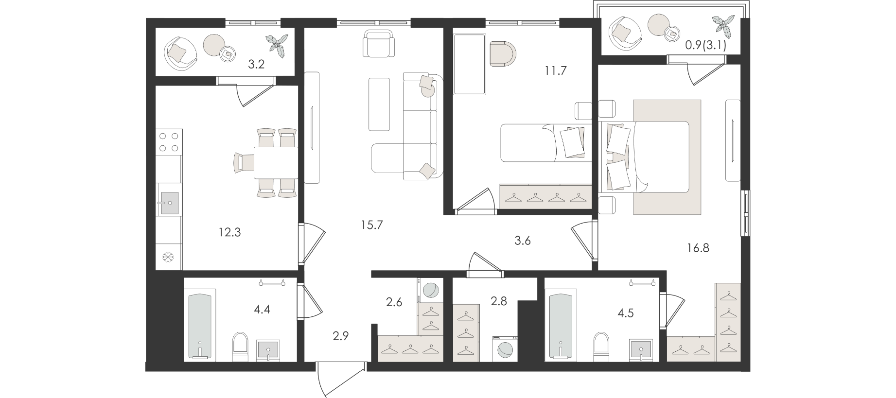 3-комнатная квартира, 81.3 м² — планировка