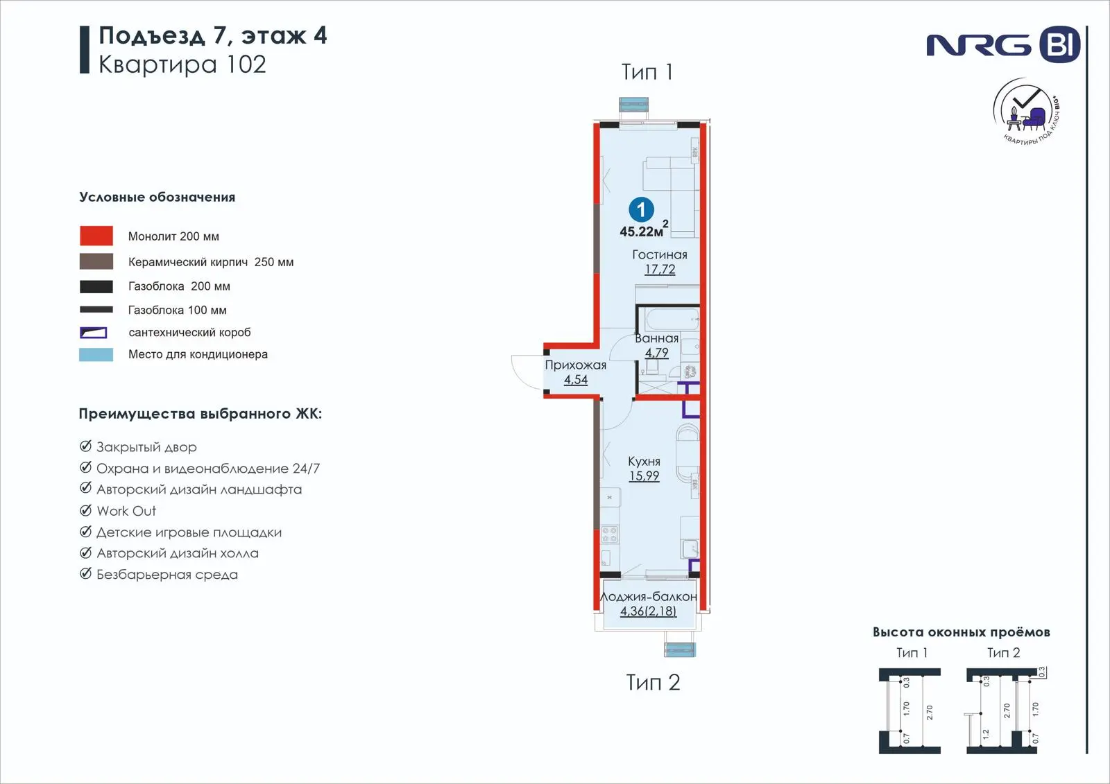 1-комнатная квартира, 45.2 м² — планировка