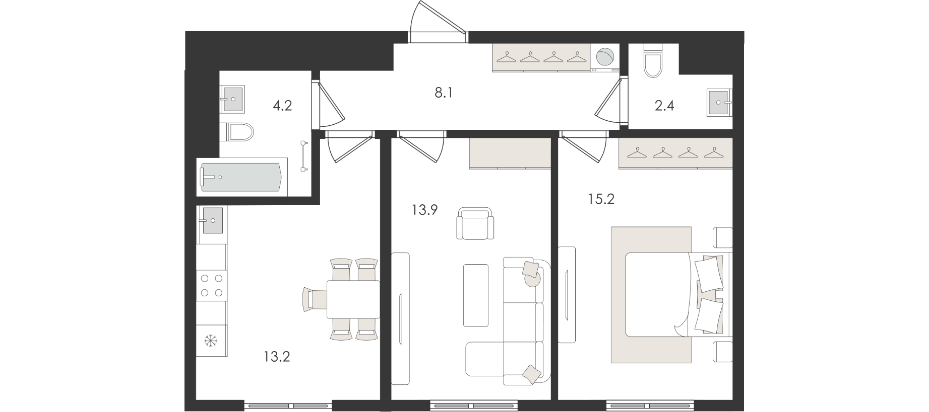 2-комнатная квартира, 56.9 м² — планировка