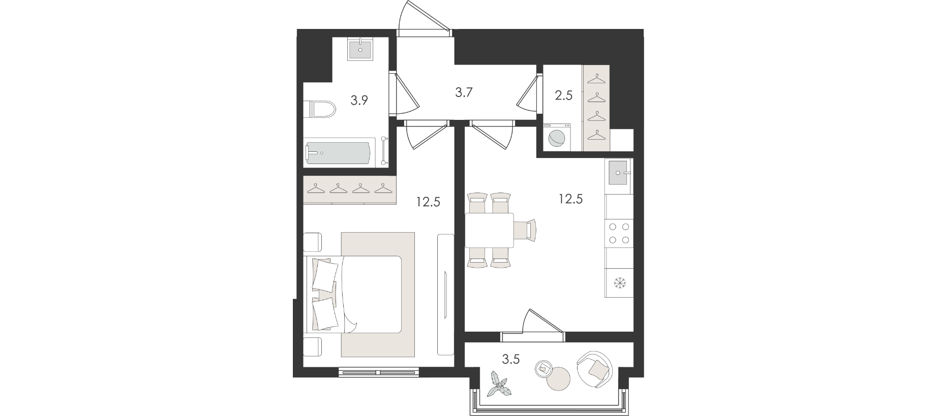 1-комнатная квартира, 38.6 м² — планировка