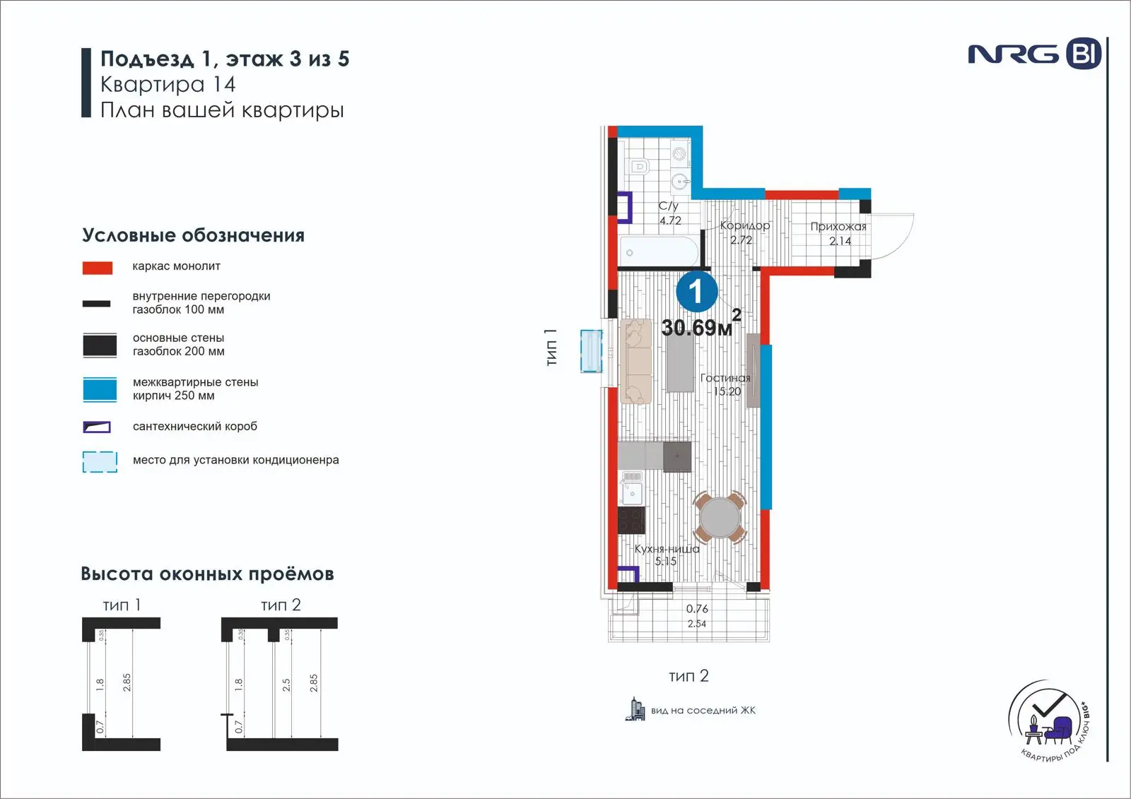 1-комнатная квартира, 30.7 м² — планировка