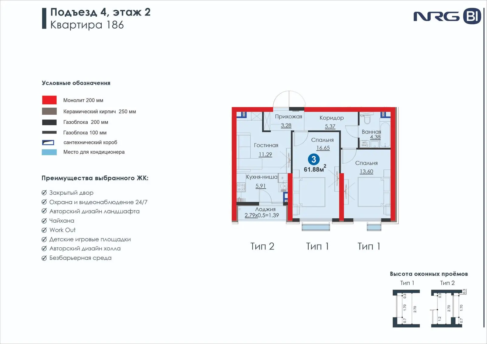 3-комнатная квартира, 61.9 м² — планировка
