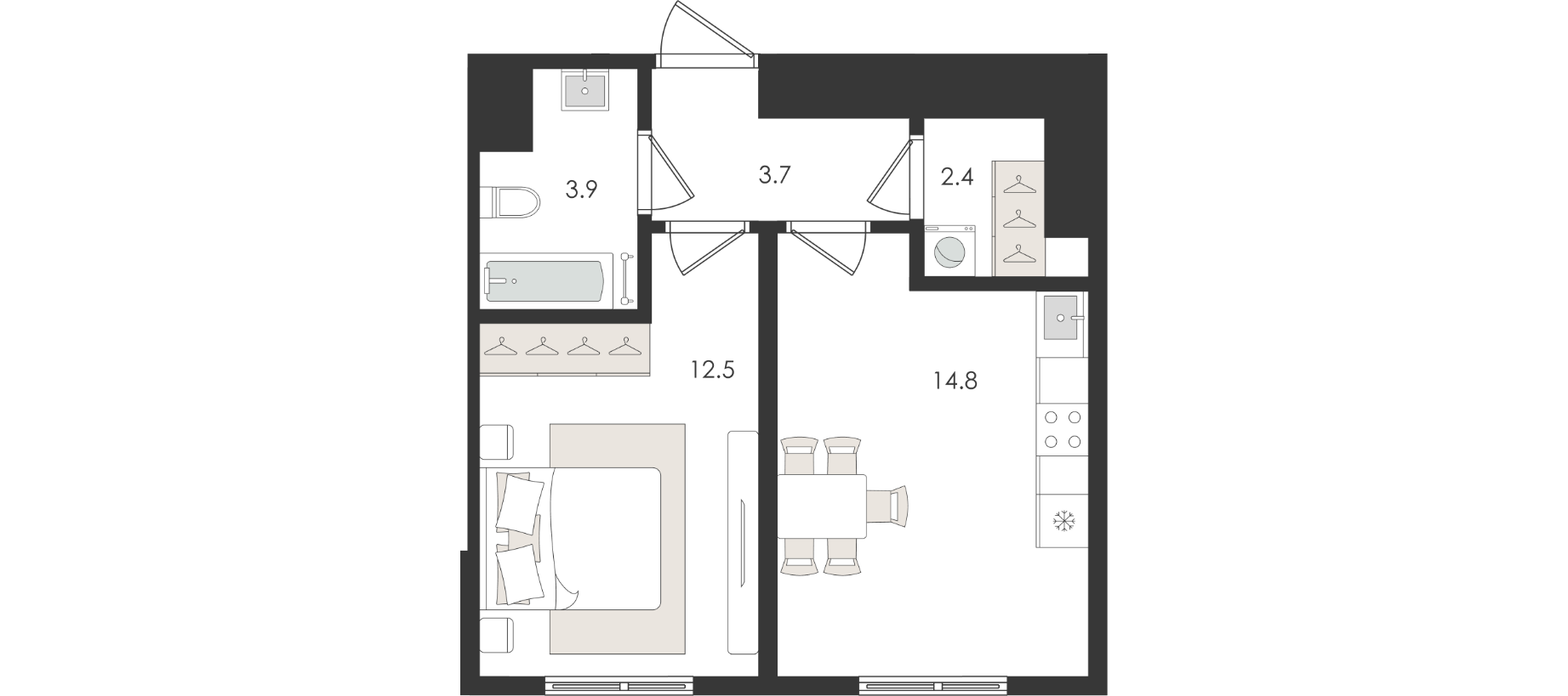 1-комнатная квартира, 37.3 м² — планировка