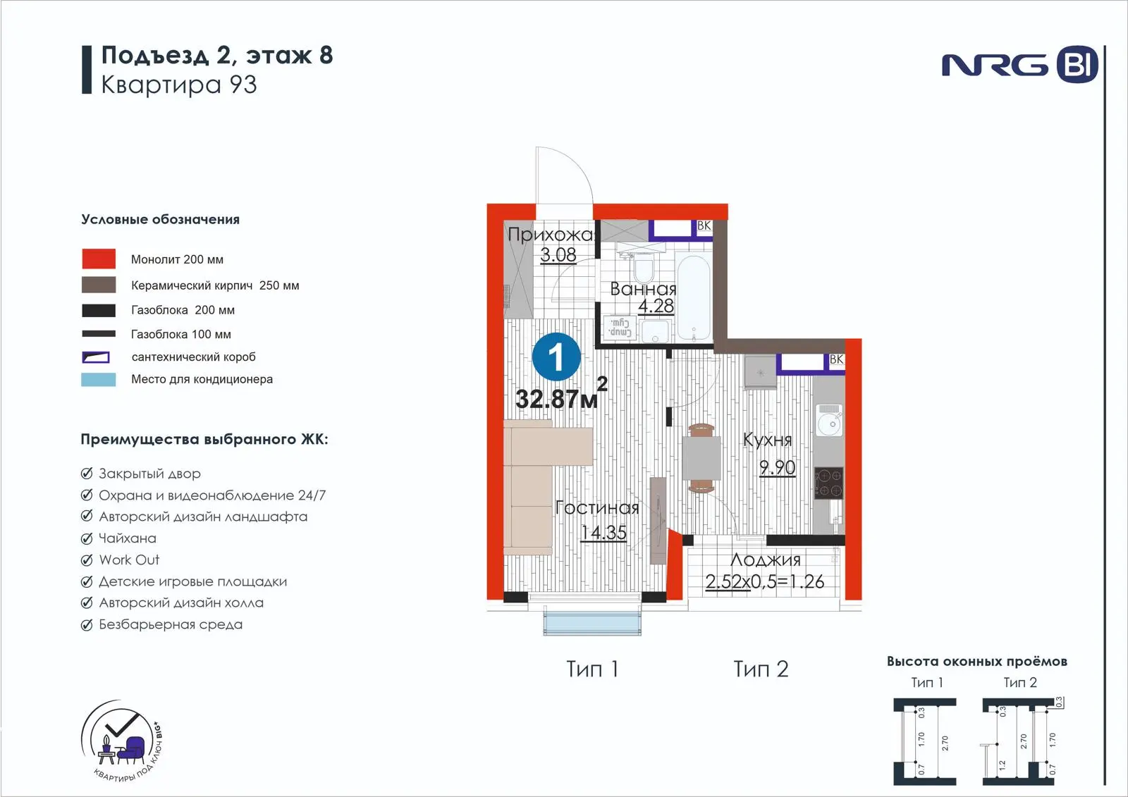 1 xonali kvartira, 32.9 m² — rejasi