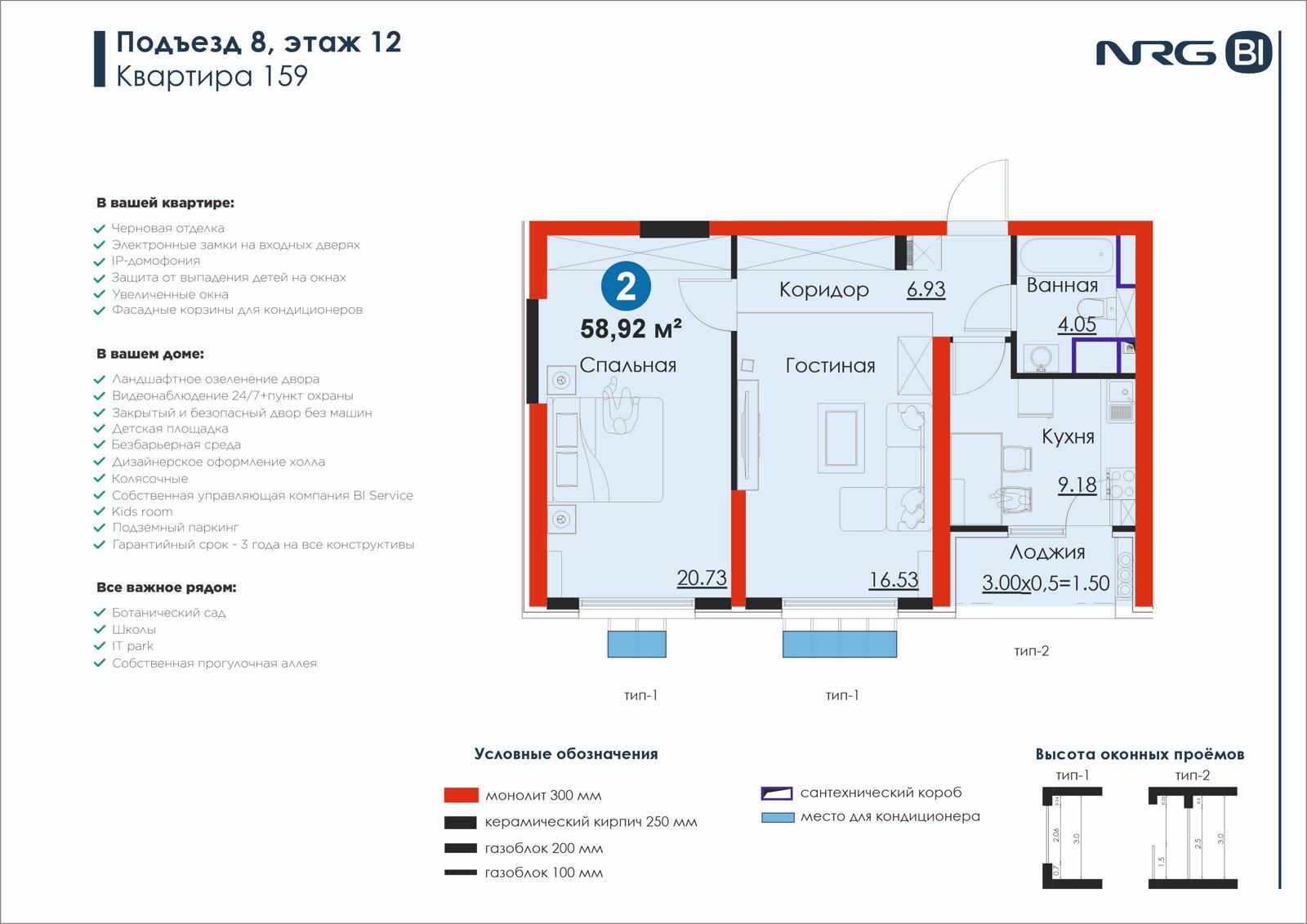2-комнатная квартира, 58.9 м² — планировка