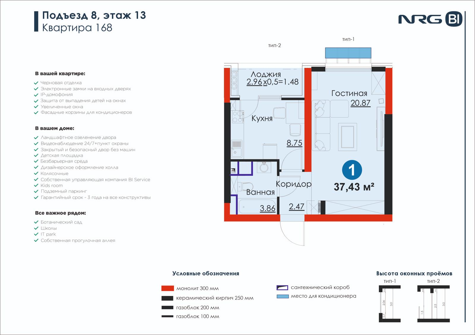 1-комнатная квартира, 37.4 м² — планировка