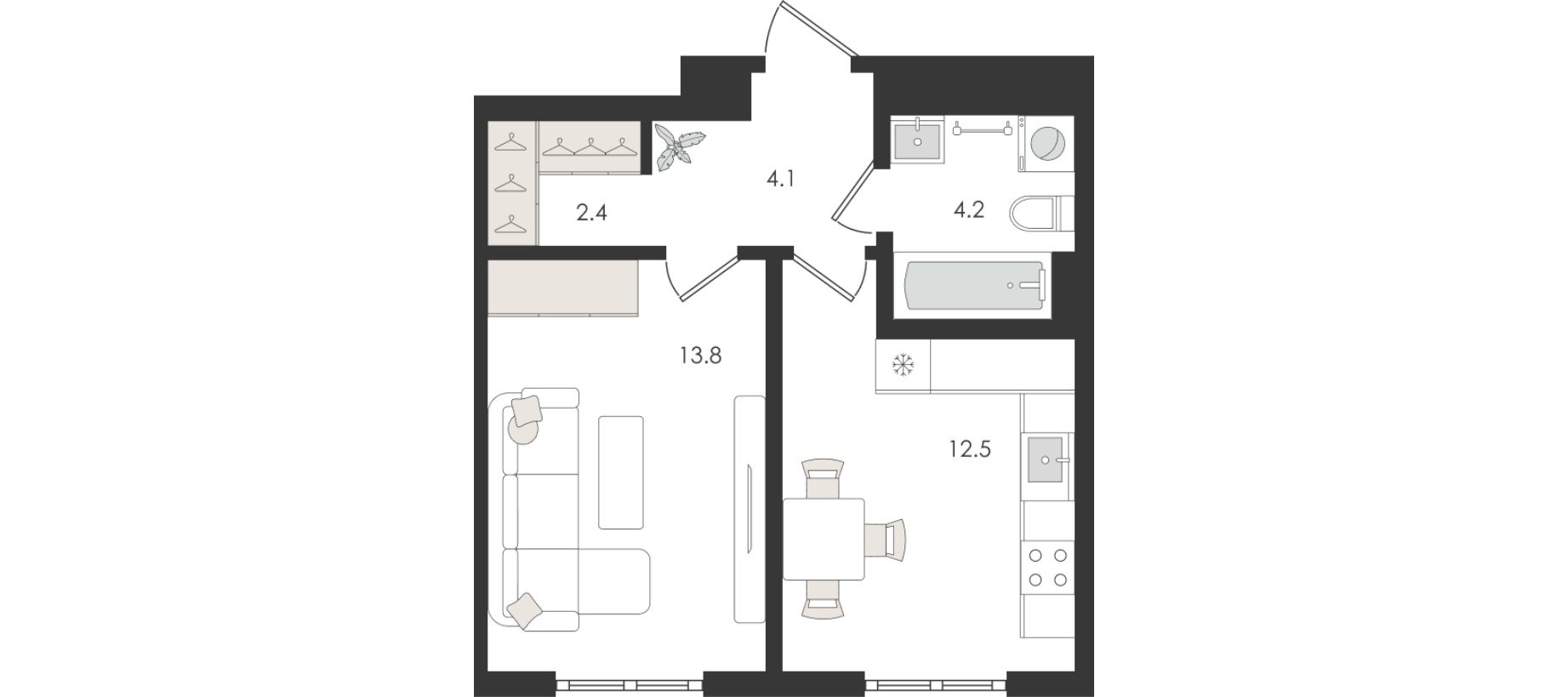 1-комнатная квартира, 37 м² — планировка