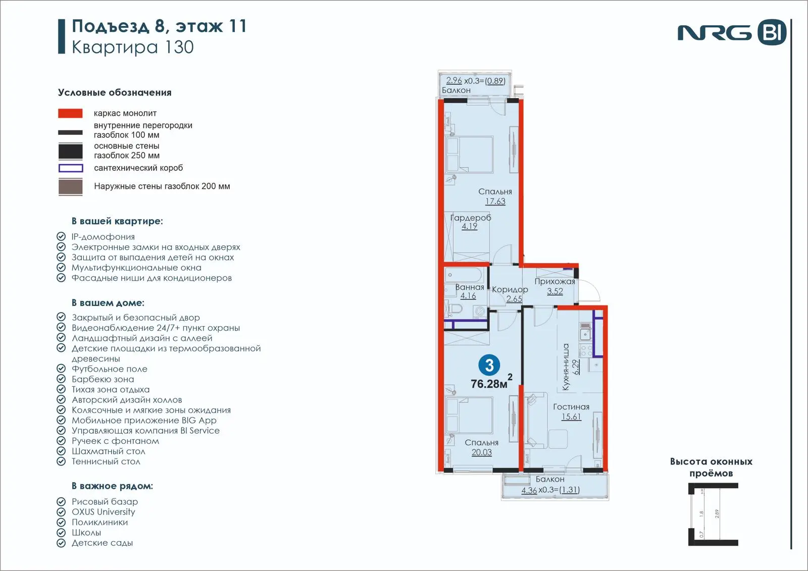 3 xonali kvartira, 76.3 m² — rejasi