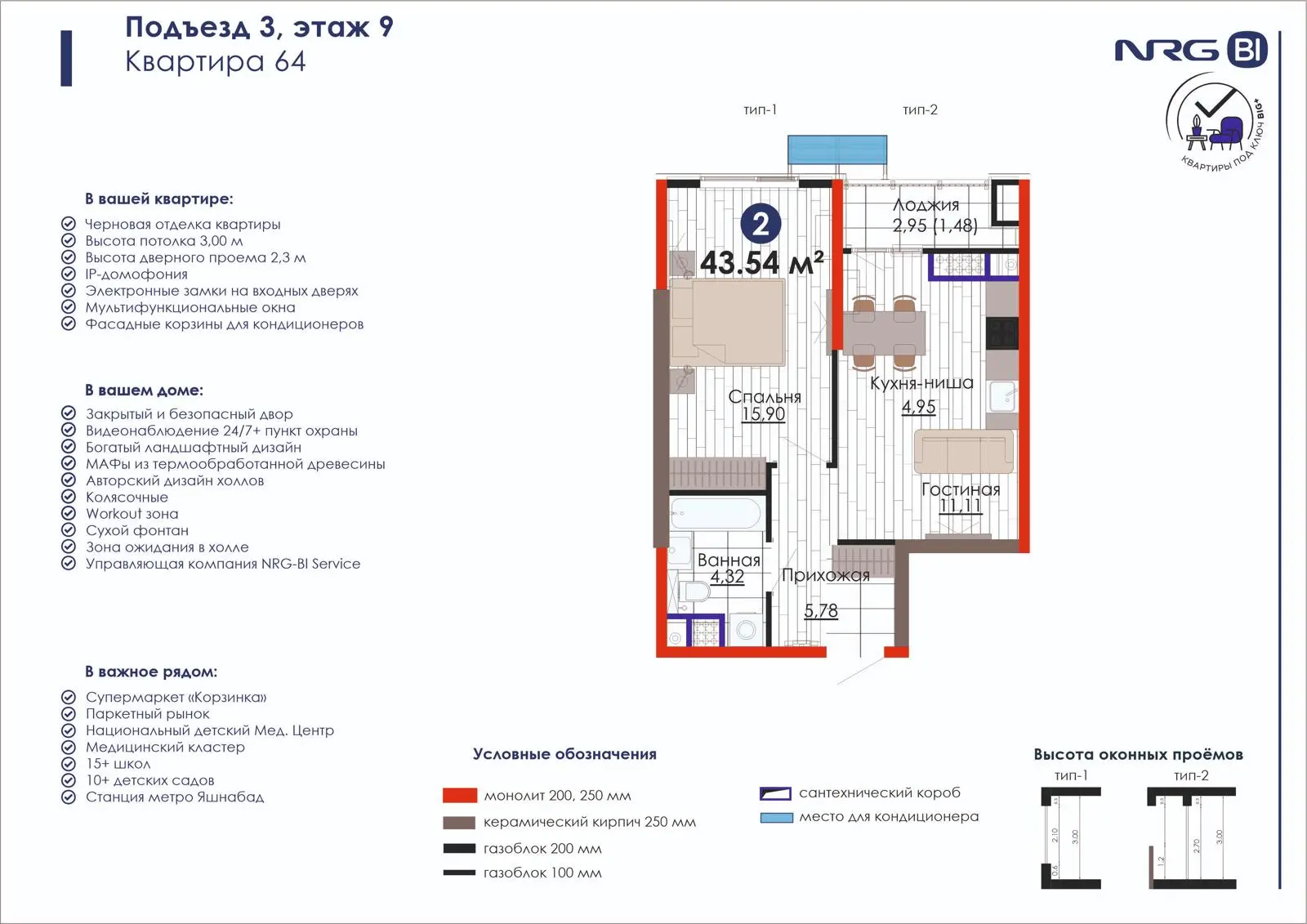 2-комнатная квартира, 43.5 м² — планировка