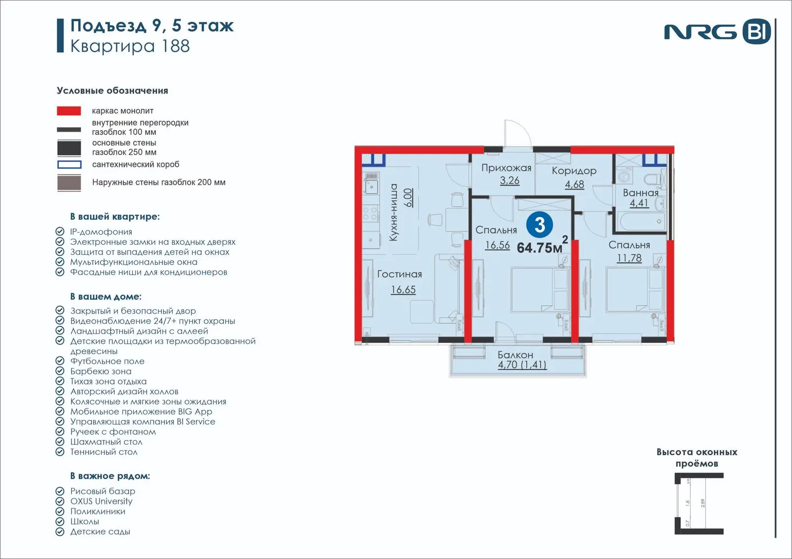 3-комнатная квартира, 64.8 м² — планировка