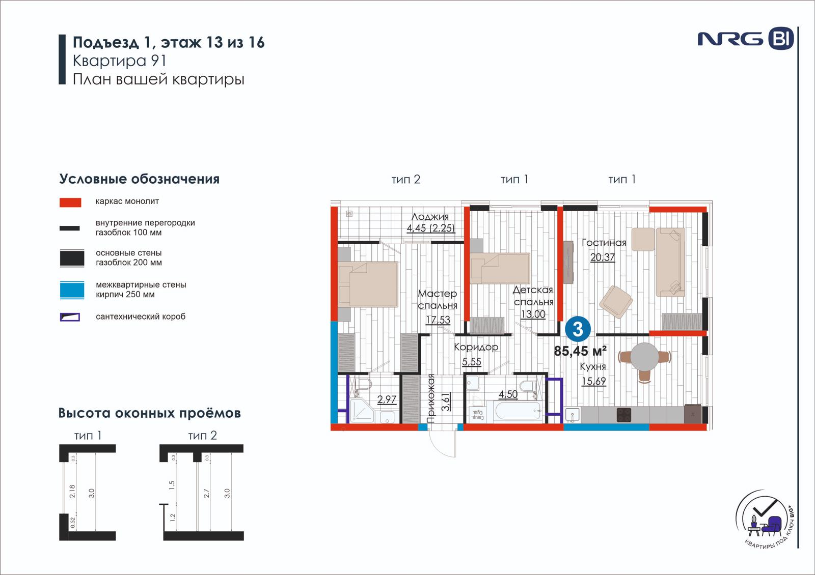 3-комнатная квартира, 85.5 м² — планировка