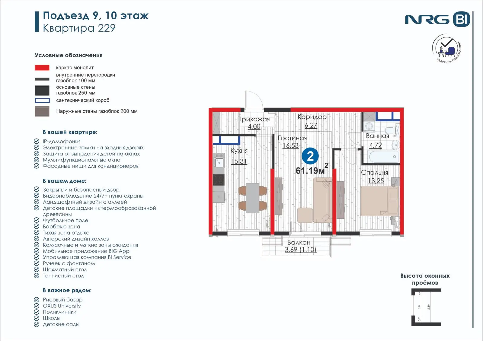 2-комнатная квартира, 61.2 м² — планировка
