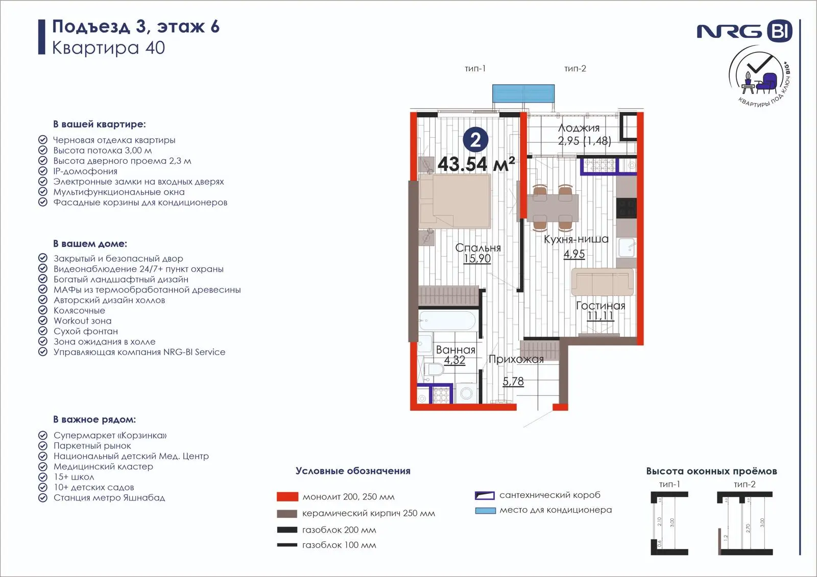 2-комнатная квартира, 43.5 м² — планировка