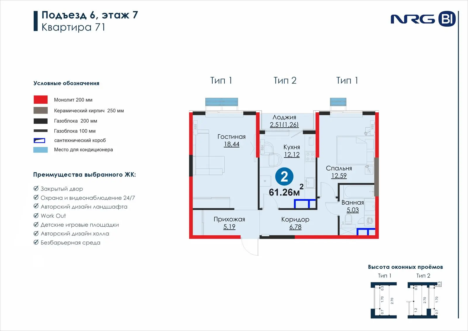 2-комнатная квартира, 61.3 м² — планировка
