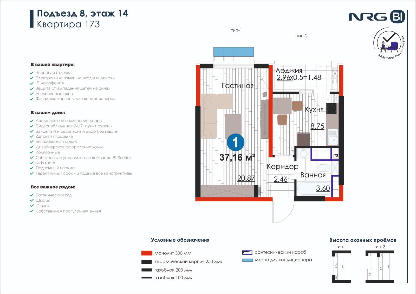 1-комнатная квартира, 37.2 м² — планировка