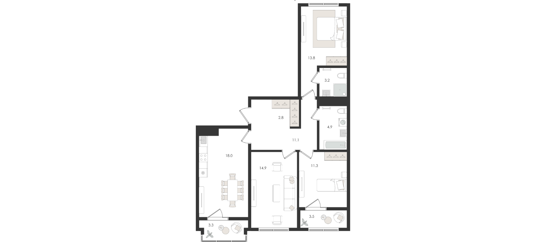 3 xonali kvartira, 86.7 m² — rejasi