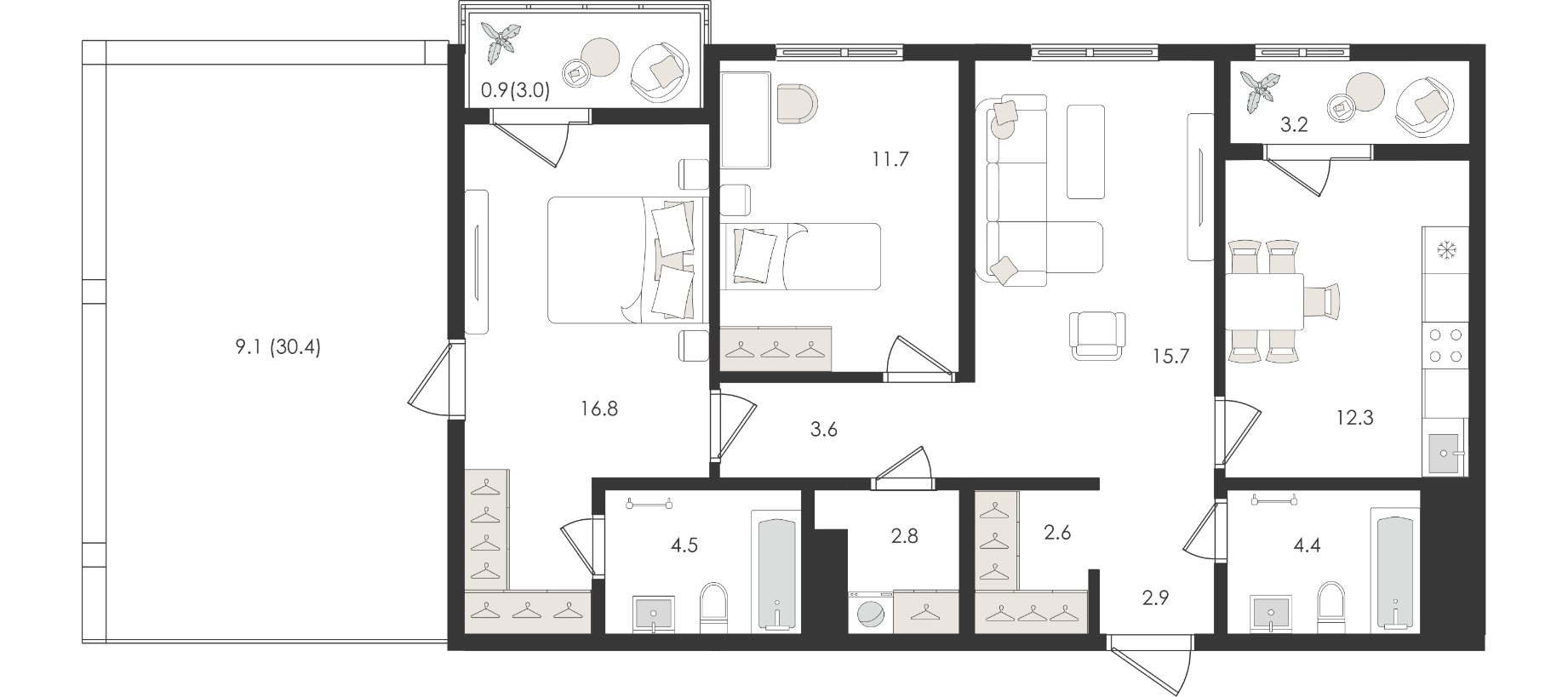 3-комнатная квартира, 90.4 м² — планировка