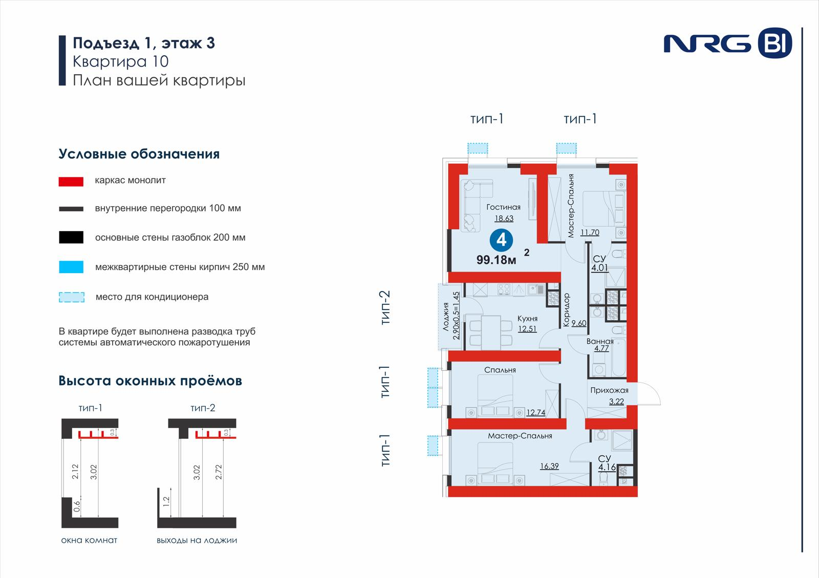 4-комнатная квартира, 99.2 м² — планировка