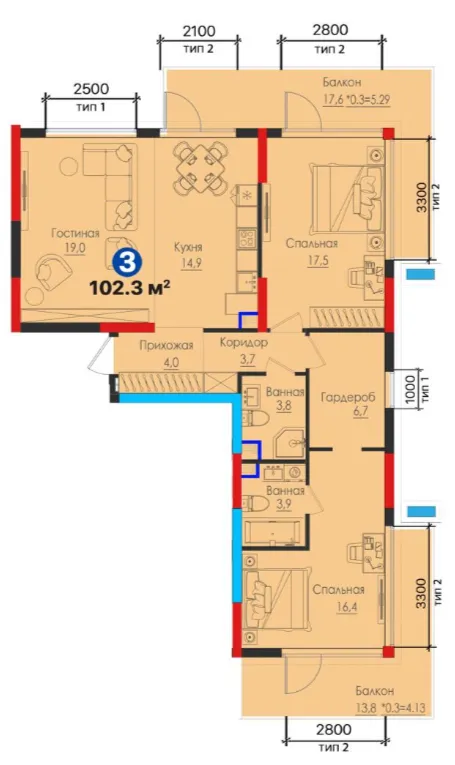 3 xonali 102.3 m²