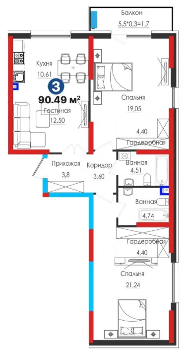 3-xonali 90.49 m²