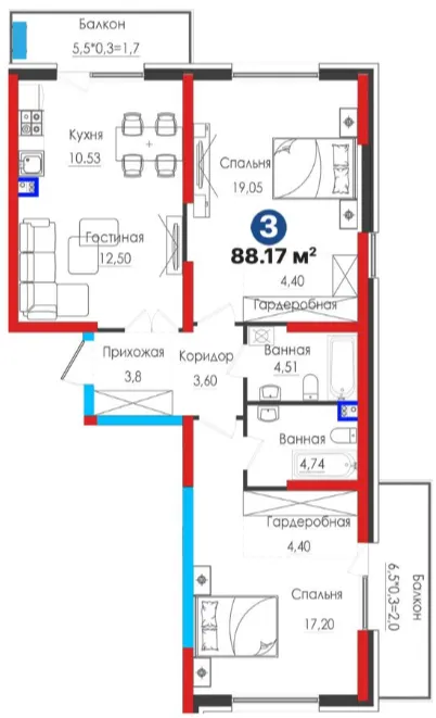 3-xonali 88.17 m²