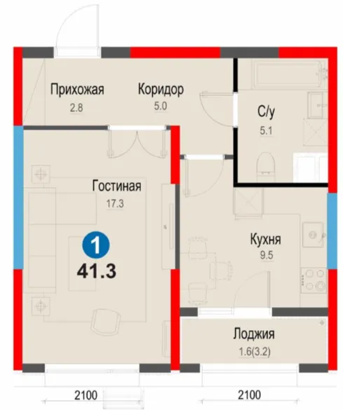1-xonali 41.3 m²
