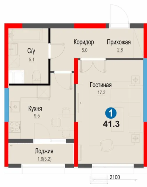 1-xonali 41.3 m²