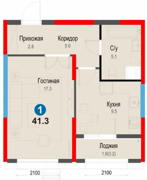 1-xonali 41.3 m²