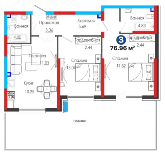 3-xonali 76.96 m²