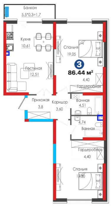 3-xonali 86.44 m²
