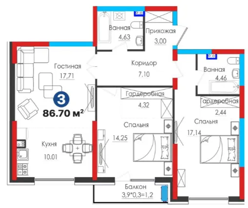 3-xonali 86.7 m²