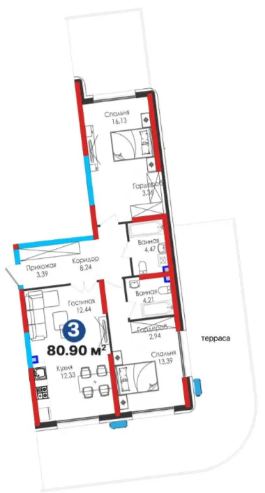 3-xonali 80.9 m²