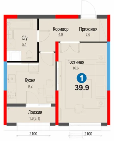 1-xonali 39.85 m²
